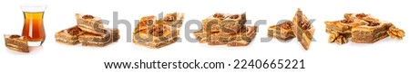 Collage of tasty baklava with walnuts and Turkish tea on white background