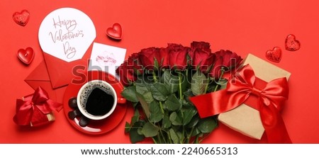 Card with text HAPPY VALENTINE'S DAY, cup of coffee, roses and gifts on red background, top view