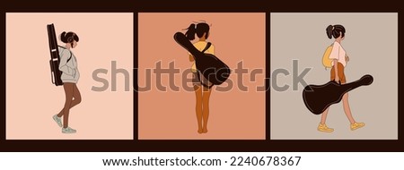 Set of three Teen Girl with Guitar Case. Vector Illustration. Anime style