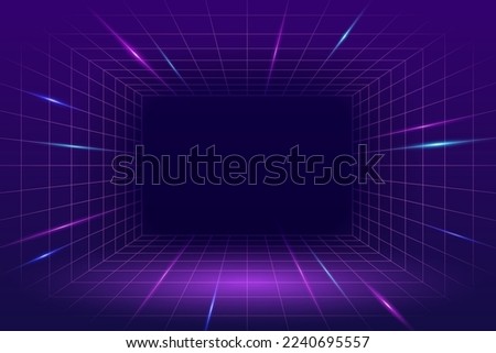 3D Illustration of cyberpunk neon perspective grid space with glowing lines on purple background. Royalty-Free Stock Photo #2240695557
