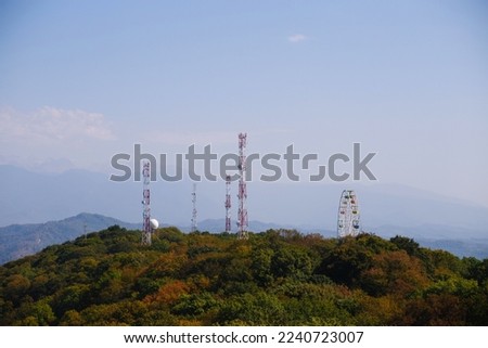 A mobile phone antenna and a ferris wheel rise above the trees against the sky