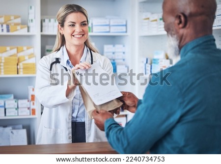 Pharmacy, happy pharmacist and customer with medicine or prescription pills helping with medical healthcare. Retail, shopping or doctor giving senior black man advice, medication or drugs in store Royalty-Free Stock Photo #2240734753