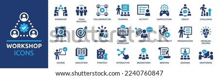 Workshop icon set. Containing team building, collaboration, teamwork, coaching, problem-solving and education icons. Solid icon collection. Royalty-Free Stock Photo #2240760847