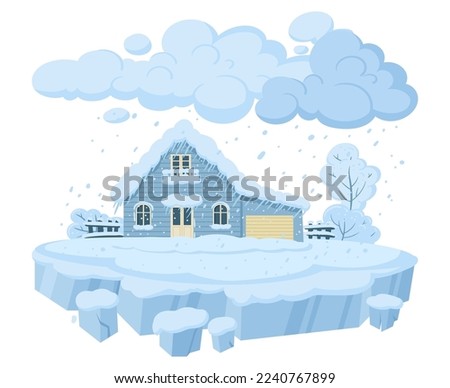 Cartoon snow storm, blizzard natural disaster. Strong snowfall catastrophe, winter season cataclysm flat vector illustration on white background Royalty-Free Stock Photo #2240767899