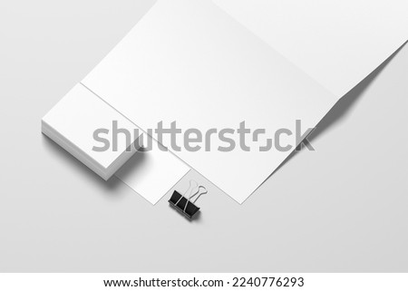 3D rendering bifold flyer with business card with paper clip on the white background