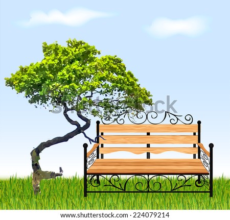 Bench with tree and grass. Vector illustration