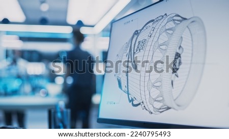 Close Up of a Computer Monitor Display with 3D CAD Software with Prototype Turbine Motor Project. Interface with Vital Setting and Programming Options for the Industrial Engine Prototype. Royalty-Free Stock Photo #2240795493