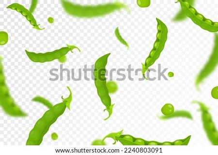 Green pea background. Flying or falling fresh green pea isolated on transparent background. Can be used for advertising, packaging, banner, poster, print. Flat design. Vector illustration Royalty-Free Stock Photo #2240803091