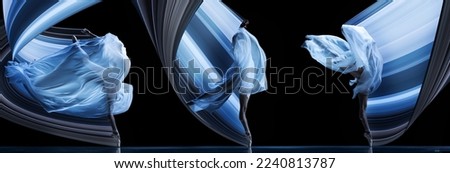 Modern design. Contemporary art. Ballerina dancing with transparent cloth over black background. Abstract design elements. Creative conceptual and colorful collage in surreal style.