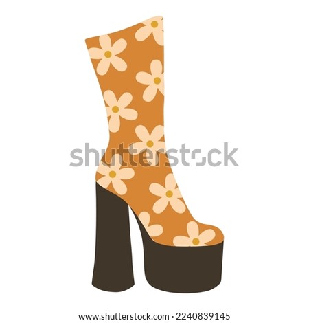 Illustration of retro boots. Cartoon heeled boot with flowers. Vector boot in the style of the 70s. Royalty-Free Stock Photo #2240839145