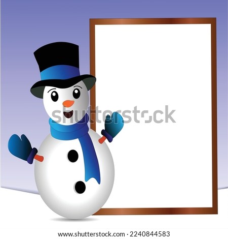 Little cute smiling cartoon snowman with scarf and woolen cap holding blank banner, poster for text. Christmas or New year vector illustration vector art