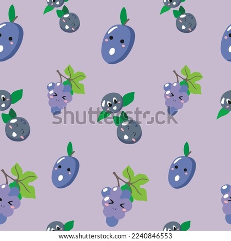 Cute seamless pattern with cartoon fruits and berries - plum, blueberry and grape. Vector illustration for cards, posters, flyers, webs and other use.