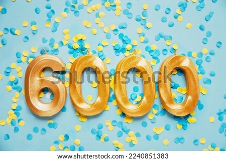 6000 six thousand followers card. Template for social networks, blogs. on yellow and blue confetti Festive Background media celebration banner. 6k online community fans. 6 six thousand subscriber Royalty-Free Stock Photo #2240851383