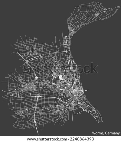 Detailed negative navigation white lines urban street roads map of the German town of WORMS, GERMANY on dark gray background