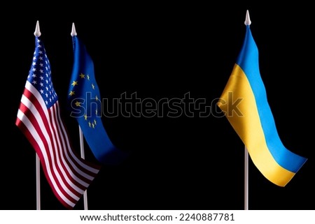 The flag of Ukraine of the United States and Europe on a black background. The concept of support for Ukraine in difficult times. Relations between countries