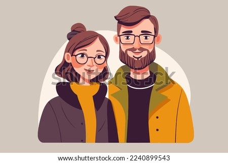 illustration of young couple portrait in love happy smiling joyful boy girl on valentine in vector flat color cartoon style