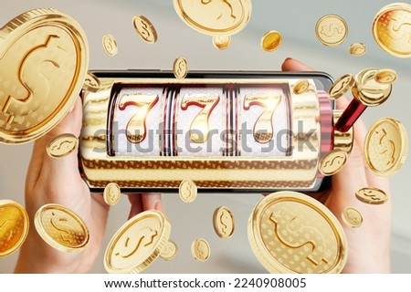 Slots online, playing 777 on a smartphone, gambling, betting, casino, jackpot coins mixed media Royalty-Free Stock Photo #2240908005