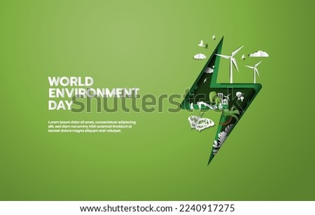 World Environment Day, green city save planet of people and living things and energy concept, paper illustration and 3d paper. Royalty-Free Stock Photo #2240917275