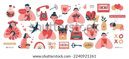 Big collection of creative Valentine's Day clip arts.Cute kawaii illustrations of persons, dogs, ribbon, typewriter, cassette, telephone, heart, love letter, cup. Vector cartoon clip arts with text .