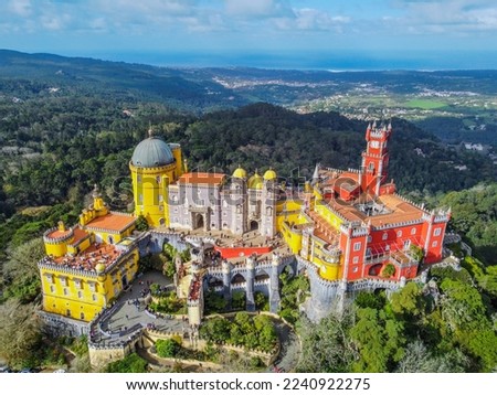 Aerial photographs. View from a flying drone. Pena Palace in Sintra. Lisbon, Portugal. A famous landmark. Top View. Royalty-Free Stock Photo #2240922275