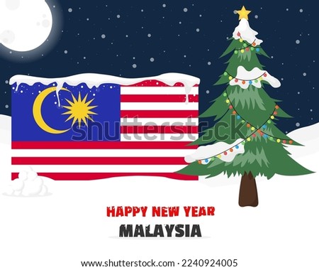 Happy new year in Malaysia with Christmas tree and snow, banner or content design idea, Malaysia flag with pine tree, new year celebration idea, sky with full moon and stars, vector design