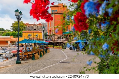 Seaside promenade with flowers and traditional houses along Mediterranean Sea in Villefranche sur Mer Old Town on the French Riviera, South of France Royalty-Free Stock Photo #2240924773