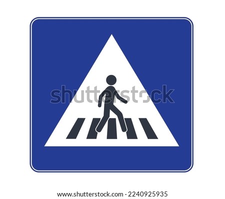 Pedestrian crossing sign on blue background. Concept of traffic regulations. 