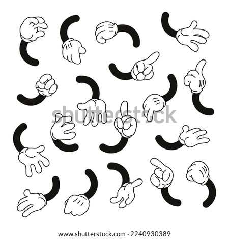 1930's style vintage cartoon hands in white gloves set, retro comic character's limbs collection, vector design elements Royalty-Free Stock Photo #2240930389