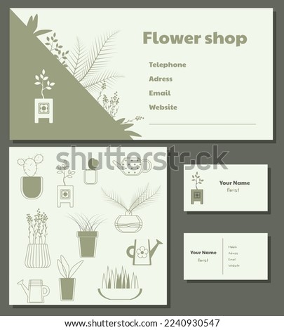 Flowershop. Set of vector seamless pattern, billboard and business card design elements.