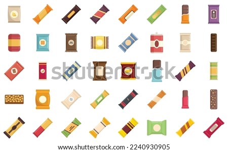 Snack bar icons set flat vector. Candy product. Snack bar food isolated Royalty-Free Stock Photo #2240930905
