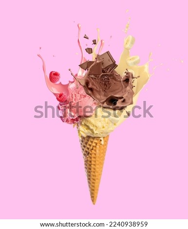ice cream cone with chocolate and various fruits