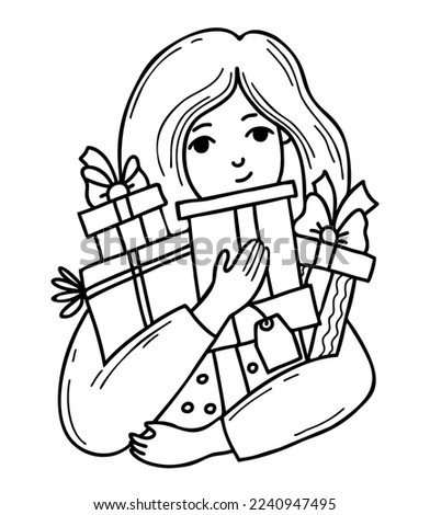Cute girl with big pile of gifts and boxes with bows. Vector illustration. Outline hand drawn. Female character for design of holiday themes, gifts and sales, shoping