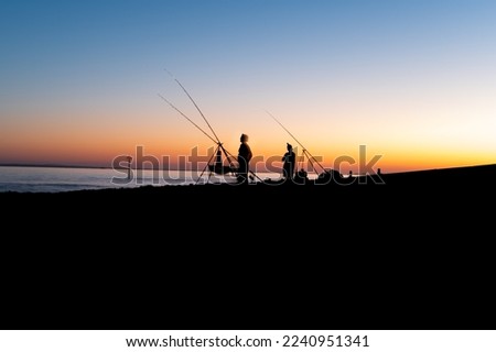 Active silhouettes of fishermen on a beach at sunset (with motion)
