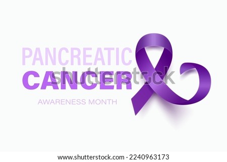 Pancreatic Cancer Banner, Card, Placard with Vector 3d Realistic Purple Ribbon on Purple Background. Pancreatic Cancer Awareness Month Symbol Closeup. World Pancreatic Cancer Day Concept