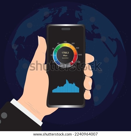 Smartphone icon with internet connection speed test on the screen. Internet download speed test on web page. Speed test and network performance information. Signal quality. Vector illustration.
