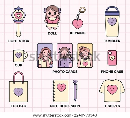 Various goods for idol fans. Products with idol photos and logos on light sticks and photo cards. Royalty-Free Stock Photo #2240990343