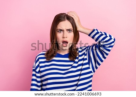 Photo of impressed speechless person arm touch head stare cant believe isolated on pink color background Royalty-Free Stock Photo #2241006693