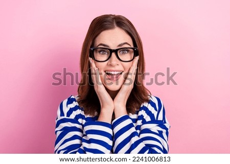 Photo of astonished lovely lady wear stylish clothes impressed positive news offer deal low prices shop isolated on pink color background