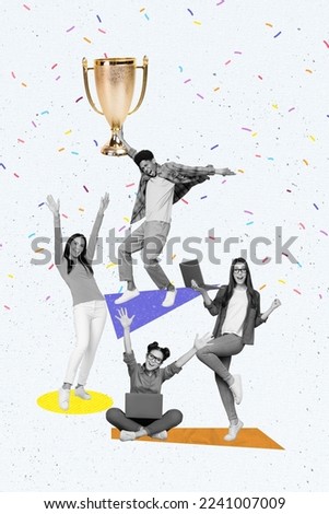 Creative photo 3d collage artwork postcard poster picture of business team rejoice successful startup isolated on painting background