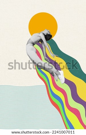 Photo collage cartoon comics sketch picture of carefree lady jumping high rainbow sunrise isolated drawing background