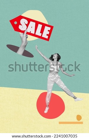 Vertical collage picture of excited positive girl black white colors jumping big arm hold sale proposition isolated on drawing background Royalty-Free Stock Photo #2241007035