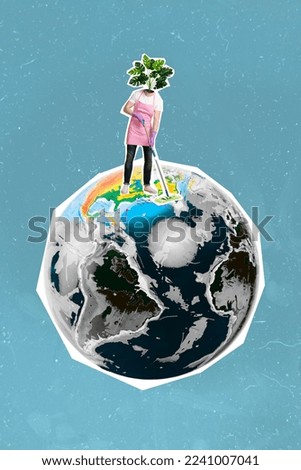 Collage photo concept of young housekeeper cleaning his favorite place planet earth headless plant save world isolated on blue color background