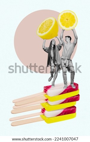 Creative photo 3d collage artwork postcard poster picture of funky  people have fun stand ice cream isolated on painting background