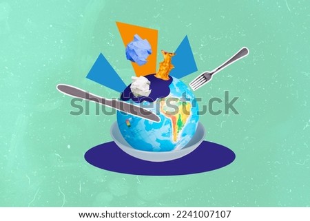 Creative collage picture of fork knife plate planet earth globe food paper trash isolated on painted background