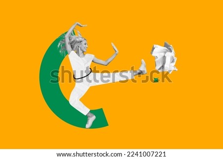 Creative collage picture of black white effect girl jumping leg kick crumpled paper isolated on creative background