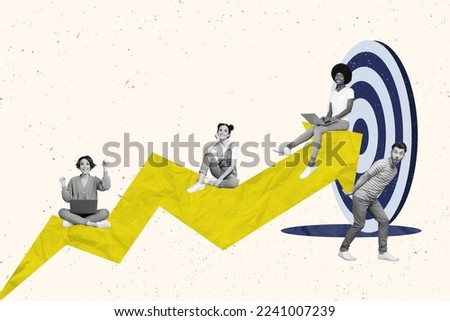 Composite collage image of company team building hit target achieve aim profit arrow point help together support caricature drawing Royalty-Free Stock Photo #2241007239