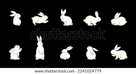 2023 new year. Cute rabbit different pose set. Happy mid autumn festival. Traditional Asian holiday design. Bunny Character collection. Modern art design. Hand drawn. Trendy Flat vector illustration.