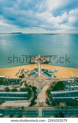 View at Fukuoka tower seeing Marizon artificial shopping and grocery shopping area leading off the beach in a beautiful shape in Fukuoka kyushu Japan Royalty-Free Stock Photo #2241033579