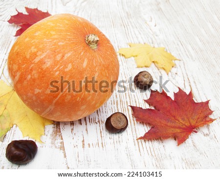 Autumn pumpkin composition on a wooden table