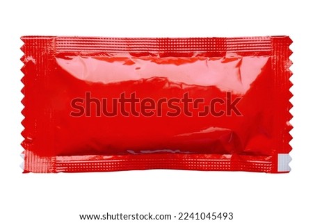 Blank red foil tomato ketchup sauce sachet package isolated on white background Royalty-Free Stock Photo #2241045493